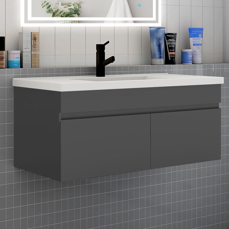 Meuble de salle de bain 100 cm avec vasque suspendu 2 portes meuble de salle de bain anthracite