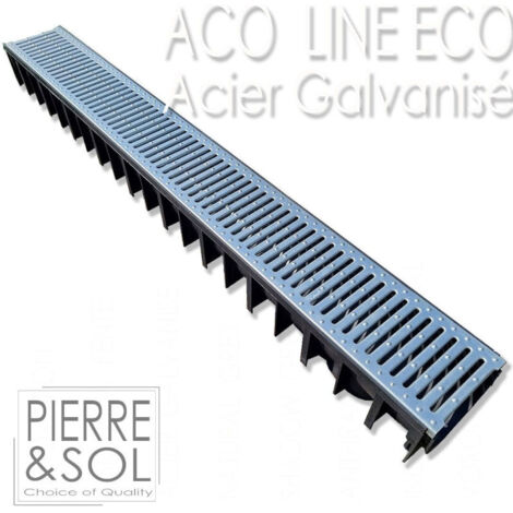 Caniveau d'évacuation en polypropylène recyclé et grille en acier galvanisé – Longueur 100 cm, largeur 12 cm, hauteur 9,2 cm – Classe de charge A15 – ACO