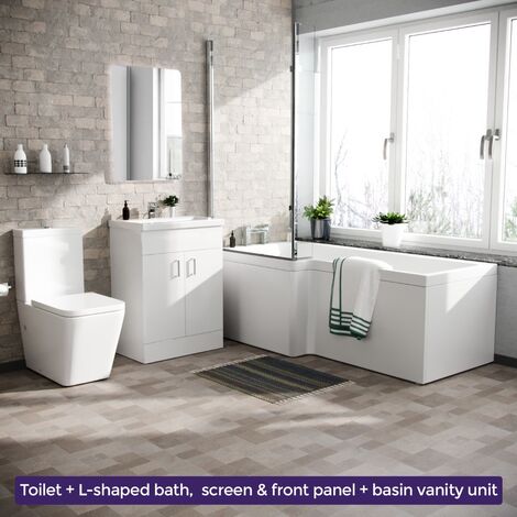 Cann L-Shaped Left Handed Bath Set, Close Coupled Toilet, 600mm Floor Standing Vanity Basin Unit White Suite