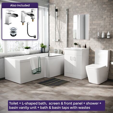 Cann L-Shaped Right Handed Bath Set, Close Coupled Toilet, 600mm Floor Standing Vanity Basin Unit White, Tap & Shower Suite
