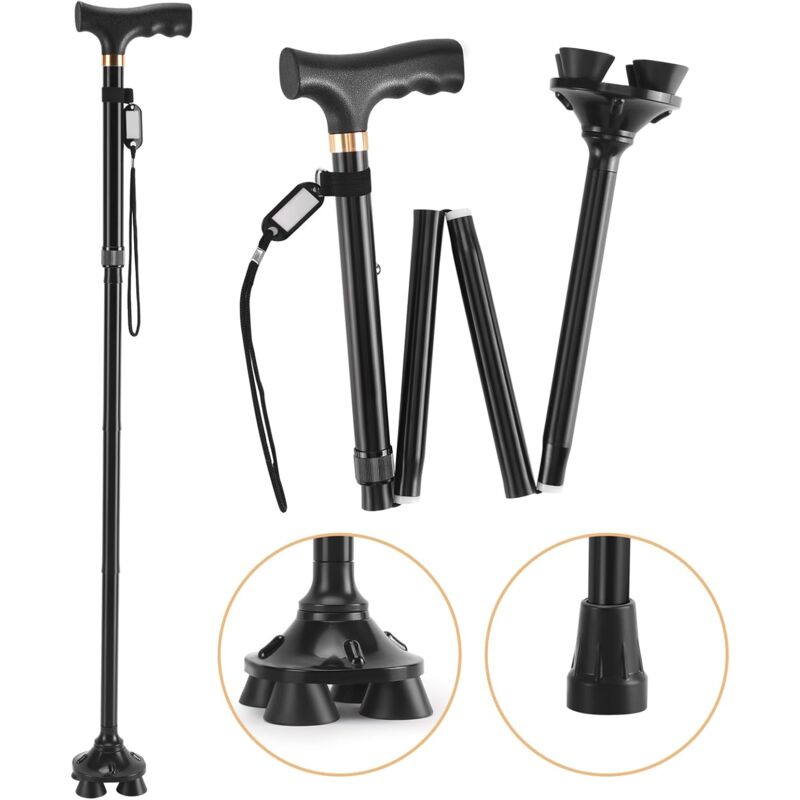 Canne de marche pliable réglable en hauteur avec poignée en T pliable et antidérapante avec quatre pieds pivotants pour homme et femme