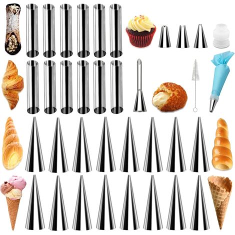 Cannoli Forms - 35 Pièces Moules à Pâtisserie en Acier Inoxydable Antiadhésif - Pour Cornets Crémeux, Rouleaux Fourrés, Croissants et Pâtisseries Coniques - Kit Complet
