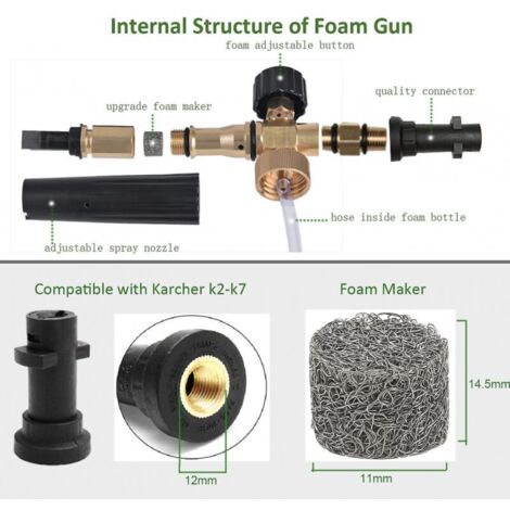 Canon à mousse à lance à mousse compatible avec Krcher K2 K3 K4 K5 K6 K7, pistolet à mousse 1 l avec buse réglable, accessoire pour nettoyeurs haute pression pour le lavage de voiture