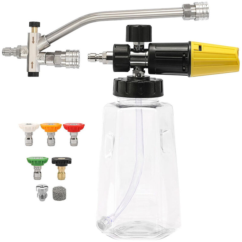 Canon à mousse pour nettoyeur haute pression avec accessoire à double connecteur, fixation à double pointe pour canon à savon, 5 buses de
