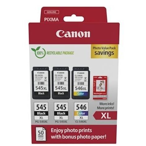 Canon PG-545 XL - CL-546XL Pack cartouches haute capacité 2 noirs + 1 couleur + papier photo pour imprimante jet d'encre