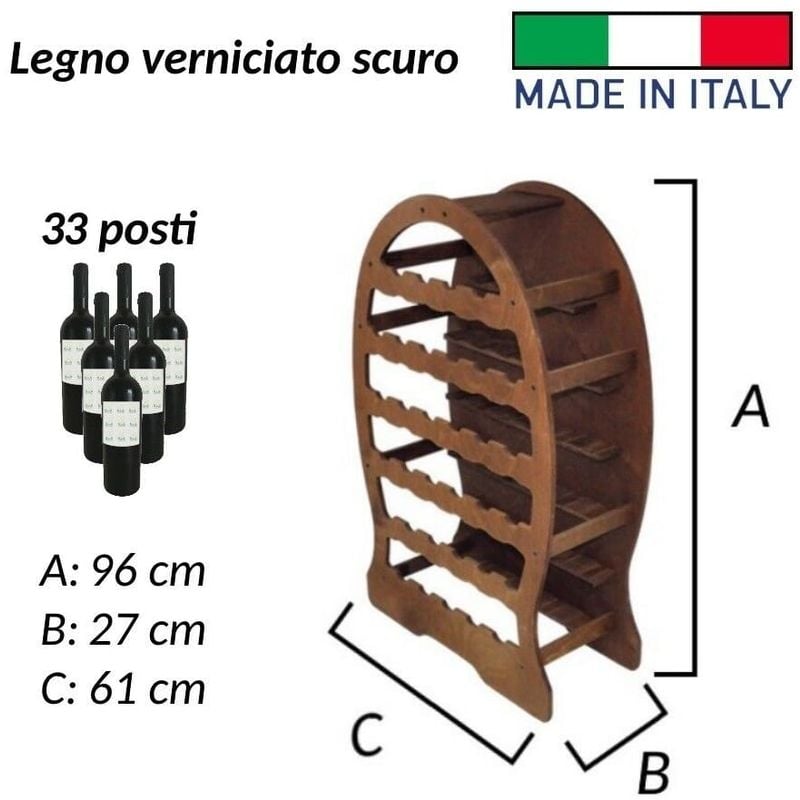 Image of Cantinetta porta bottiglie vino arredamento cantina in legno verniciabile 33 posti scuro