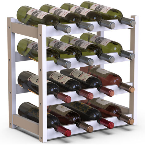 Cantinetta Portavino in Legno Bambù Bianco con 16 Scomparti Bar Portabottiglie