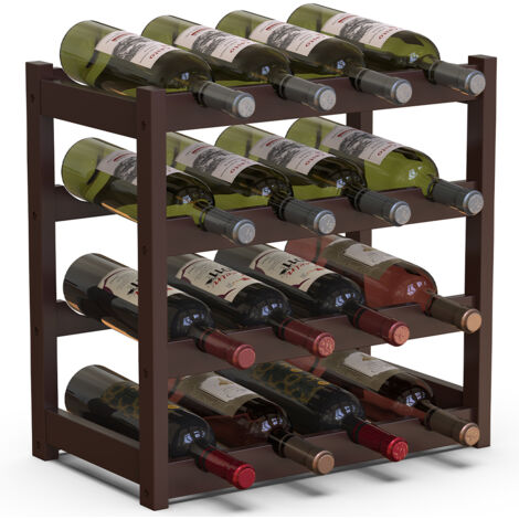Cantinetta Portavino in Legno Bambù Noce con 16 Scomparti Bar Portabottiglie