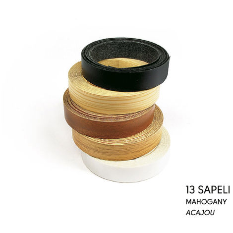 Canto embellecedor preencolado, fabricado en melamina, con acabado sapeli y 5000 mm de largo.