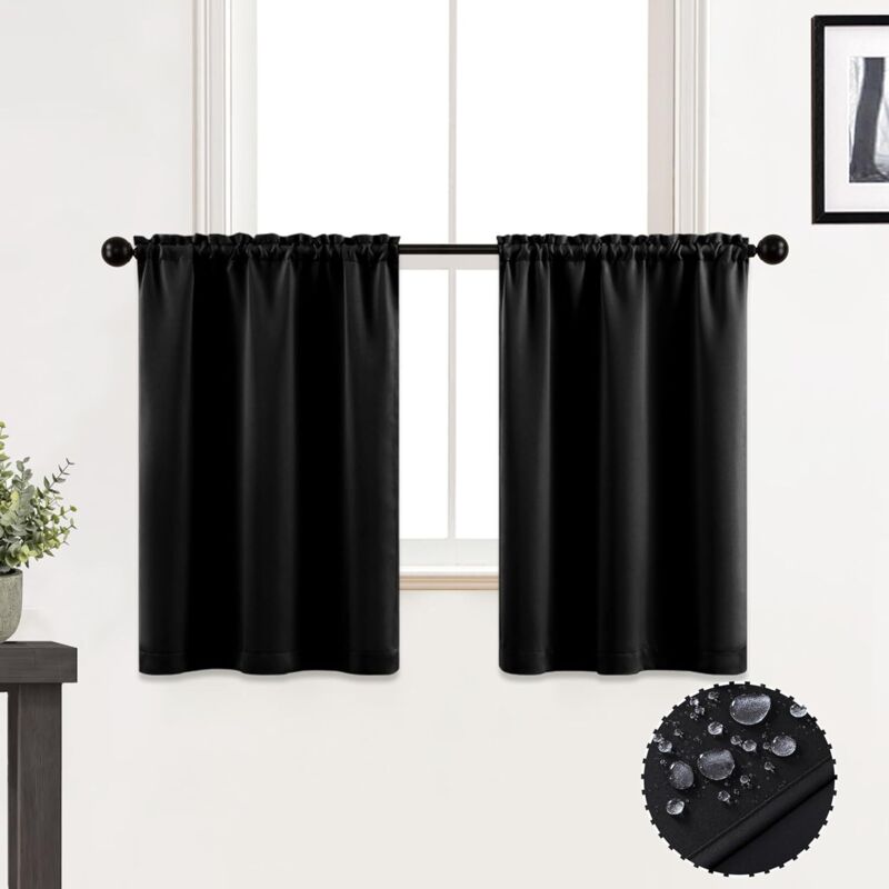 Cantonnière de cuisine imperméable avec couvre-tringle de 60 cm pour petites portes d'entrée et fenêtres, lot de 2 - Noir