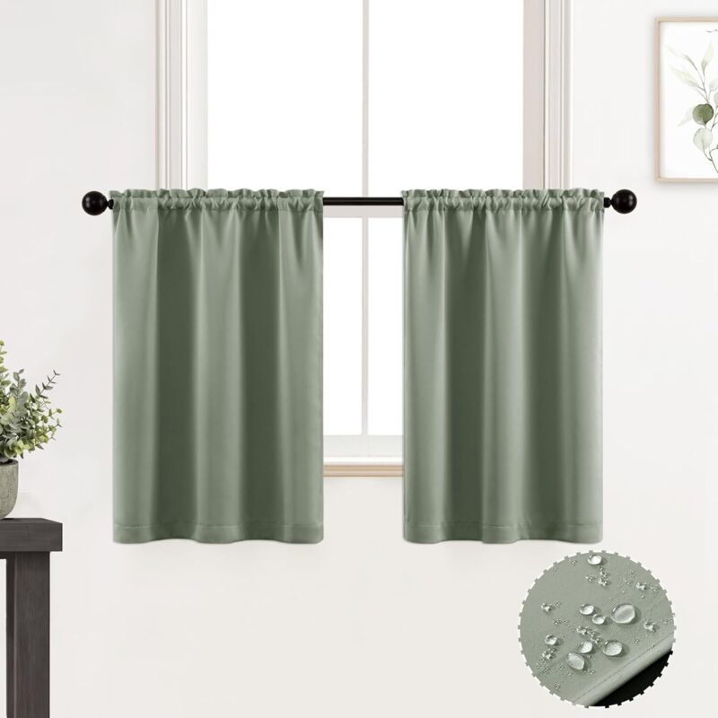 Cantonnière de cuisine imperméable avec couvre-tringle de 92 cm pour petites portes d'entrée et fenêtres, lot de 2 - Vert
