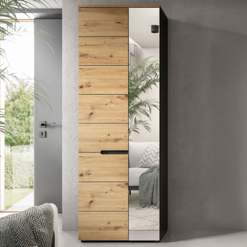 Ebuy24 – Armoire de rangement 1 porte chêne décor – Miroir – Dimensions 65x37x190 cm – Panneaux de particules effet chêne et gris