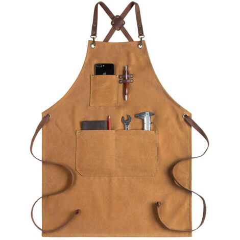 Canvas-Schürze für Damen und Herren mit Taschen, gekreuztem Rückenteil, zum Grillen, Frisieren und Friseurhandwerk (1 Stück, Braun)