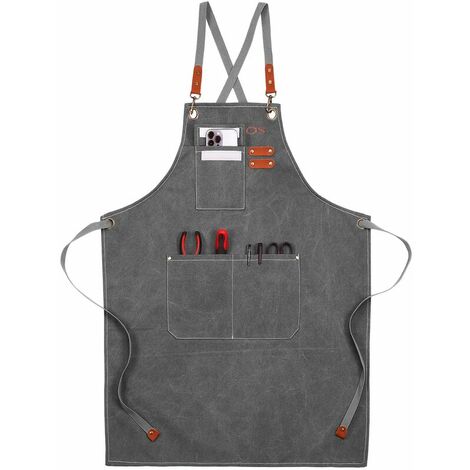 Canvas Work Apron, Multifunction Work Apron with 3 Tool Pockets, Tool Apron with Cross Back