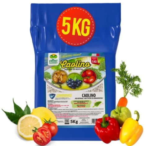Caolino Polvere di Roccia Corroborante per Agricoltura Biologica Protezione Naturale da Insetti, Funghi Acari, Riduce il fabbisogno idrico e le Ustioni Solari, Polvere x 5 kg