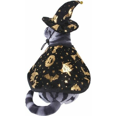 Capa para mascotas Conjunto de sombrero de mago de Halloween Gatos Perros Cosplay Capa elegante Trajes de disfraces con estampado de brujas (L)