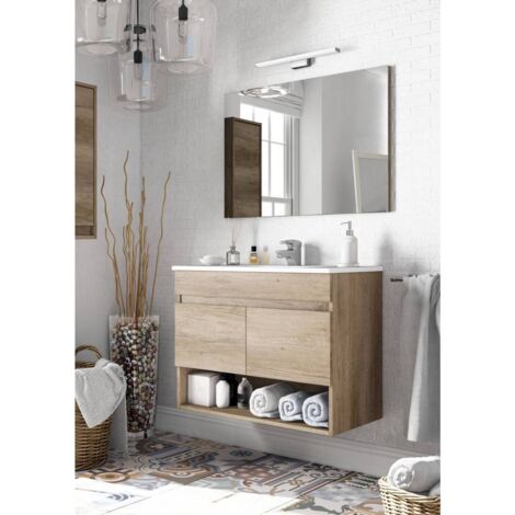 Capaldo – Meuble de salle de bain suspendu 80 cm – 2 portes – Structure MDF et PVC – Compartiment ouvert – Couleur chêne Nordik