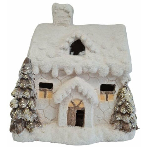 Capanna casa "Poly" per natività presepe natalizio con pini e LED h 34 cm