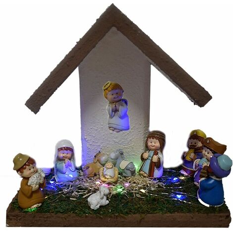 Capanna completa con natività pastori prato luci stella cometa moderna in legno sacra famiglia decorazioni casa albero di natale - decoro: Capanna completa natività 1