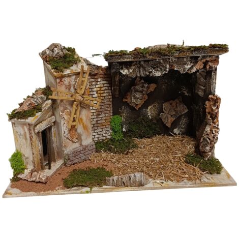 Capanna decorativa natalizia con mulino a vento per presepe