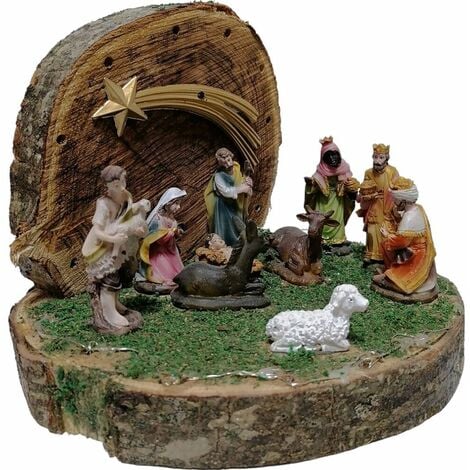 Capanna in legno grotta per decorazioni di natale natività pastori presepe con luci sacra famiglia su tronco addobbi albero casa - decoro: Capanna con luci stella e natività