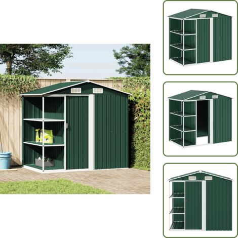 Capanno con prese d'aria - vidaXL Capanno da Giardino con Scaffali Verde 205x130x183 cm in Ferro - Capanno da esterno