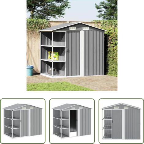 Capanno con scaffali -  Capanno da Giardino con Scaffali Grigio 205x130x183 cm in Ferro