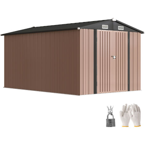 Capanno da Giardino in Metallo 364 x 238 cm con 4 Prese d'Aria e Porte Doppie con Serratura, Marrone