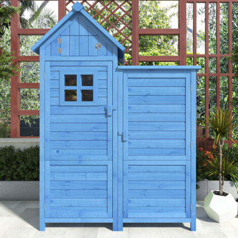 Capanno degli attrezzi 118x54x173cm con 2 ante, mobiletto porta attrezzi per giardino, legno, blu