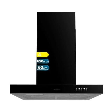 Cappa t bolero flux tm 606500 nero a de 60cm  largo, finitura nera, aspirazione 650m3/h, motore 165w, classe a, controllo meccanico, 3 livelli de potenza, luz e filtro de carbone.