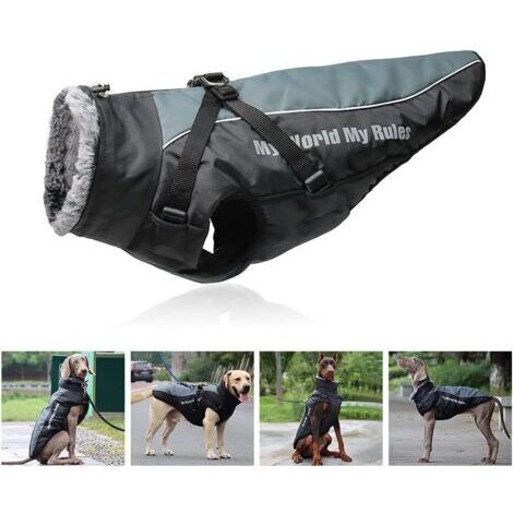 Cappotto per cani reversibile in peluche riflettente con pettorina staccabile e colletto in pelliccia ripiegabile per prevenire il soffocamento capo comodo per cani di taglia media e grande fino alla 