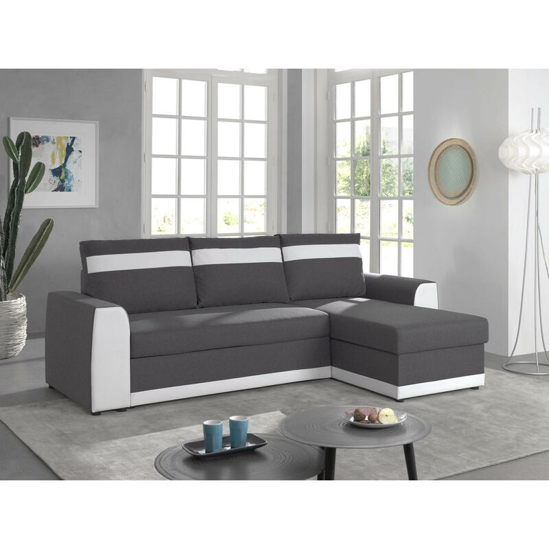 Capri - Canapé d'angle réversible - 4 places - Convertible avec coffre - En simili et tissu Couleur - Blanc / Gris - Blanc / Gris