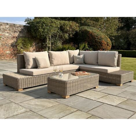 Capri Collection Outdoor Large Corner and Coffee Table Set - Glass - Beige