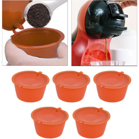 Cápsulas de café reutilizables de 50 ml – 5 cápsulas reutilizables con filtro de acero inoxidable (304) + vaso medidor para la cafetera DOLCE Gusto