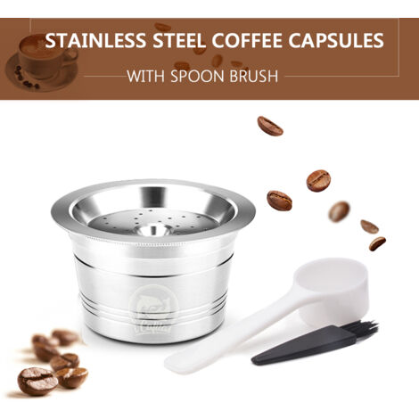 Capsule Café Rechargeable en Acier Inoxydable 304 - Capsule Réutilisable avec Cuillère et Brosse pour Machines Expresso K-fee (46 x 26mm)