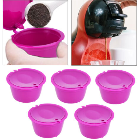 [Capsule Réutilisable pour Café] 5 Capsules Reutilisables Café 50ml avec Spoon pour Machine Dolce Gusto, Filtre Inox 304 Rouge Rose