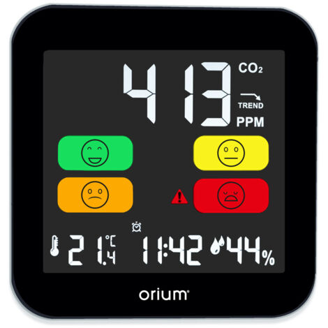 Capteur de CO2 Quaelis 14 – Mesure jusqu'à 5000 ppm – Écran LCD rétroéclairé – Alarme sonore personnalisable – Orium