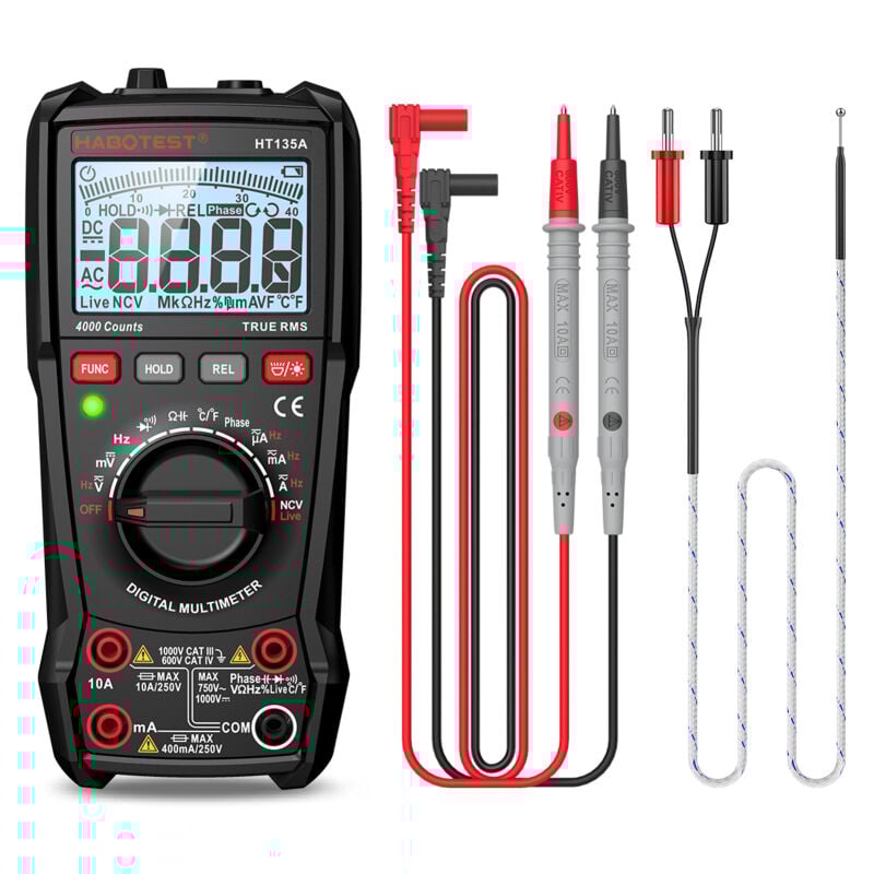 Multimètre numérique multifonction HABOTEST HT135A, écran couleur LCD, multimètre portable, 4 000 valeurs efficaces vraies, tension, courant,