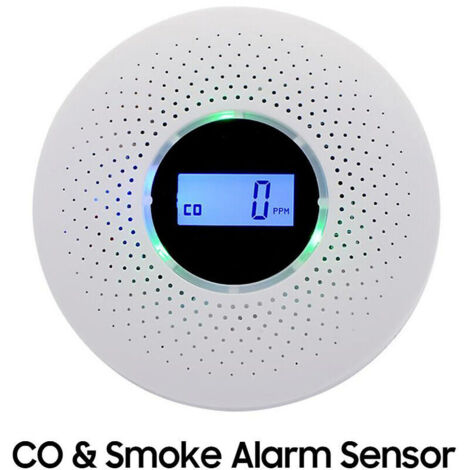 Capteur de monoxyde de carbone et d'alarme de fumée Détecteur de fumée et de CO de type composé Indicateur d'affichage LCD PPM Installation sans fil alimentée par batterie (blanc)