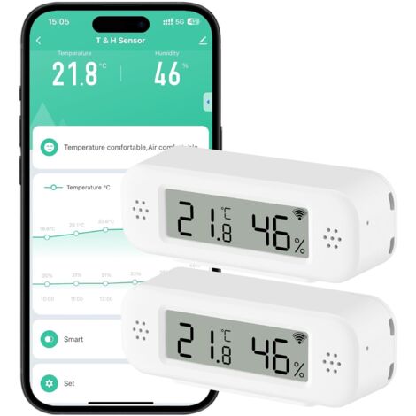 Capteur de thermomètre et hygromètre Wifi, capteur de température et d'humidité avec alarme de notification d'application à distance, compatible avec Alexa(2 pièces)