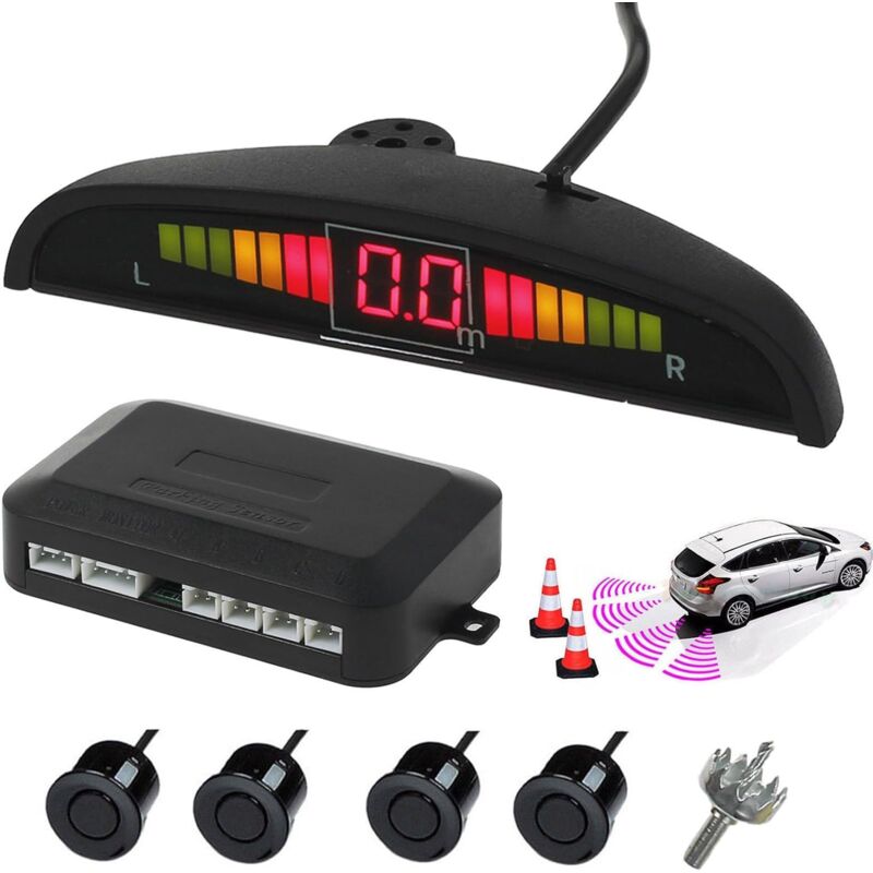 Capteurs de Stationnement de Voiture,Radar de Recul Voiture Inverse Arrière 4 Capteurs Kit Audio Buzzer Alarme Affichage LED, DC 12V, Car Parking