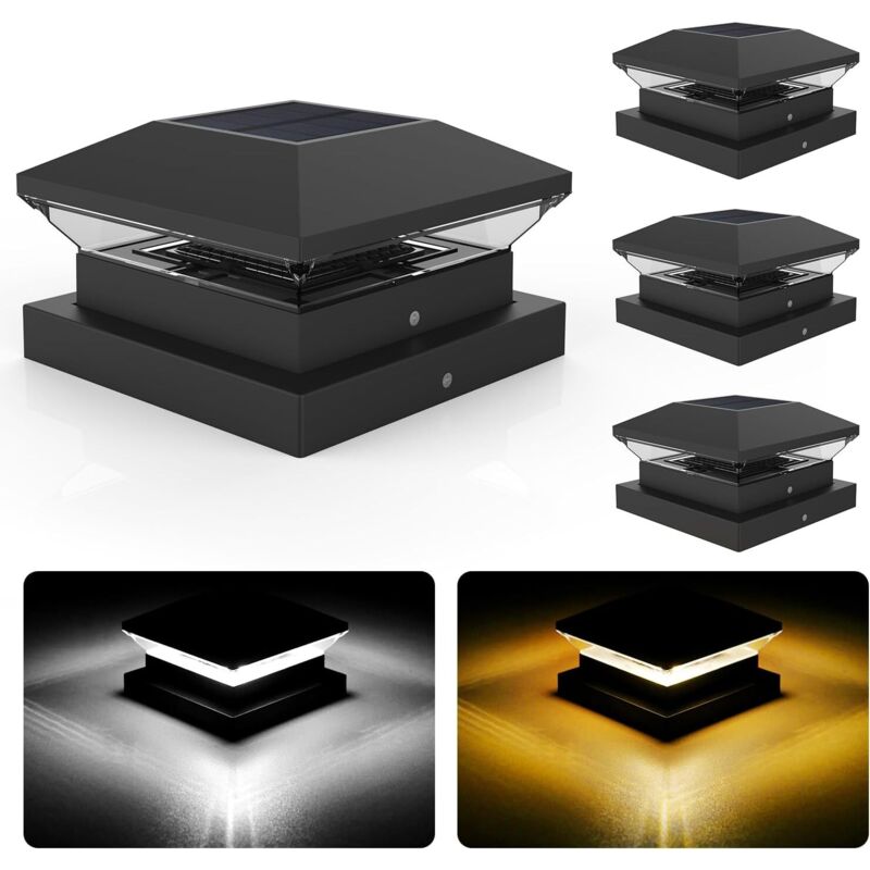 Capuchon de Poteau Solaire, 3000K/6000K Lot de 4 Solaires Capuchon pour Poteau, AUTO ON/OFF, IP65 Étanche Eclairage Solaire Extérieure pour Poteaux
