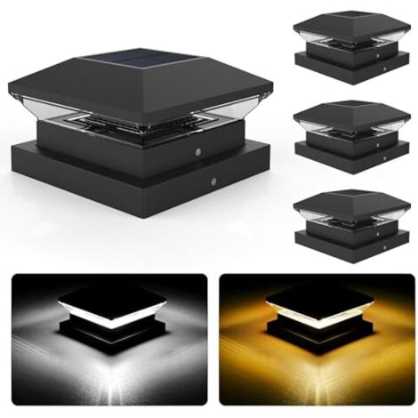 Capuchon de Poteau Solaire pour 3.5x3.5, 4x4, 5x5in Poteau, 3000K/6000K Lot de 4 Solaires Capuchon pour Poteau, AUTO ON/OFF, IP65 Étanche Eclairage Solaire Extérieure pour Poteaux de Clôture