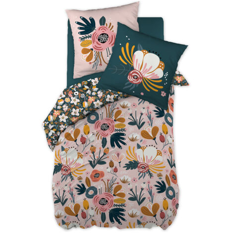 CAPUK - Parure de Lit Coton Motif Rétro Housse de Couette 140x200cm + Taie d'Oreiller
