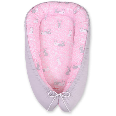 Capullo para bebé, doble cara, corralito, arrullo, Premium BOBONO - conejitos rosa/gris