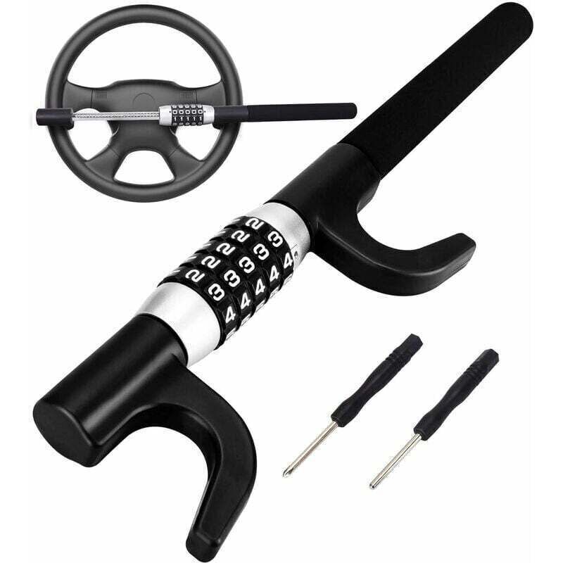 Car anti-theft device, steering wheel lock with anti-theft protection, robust and secure anti-theft device, universal (black)