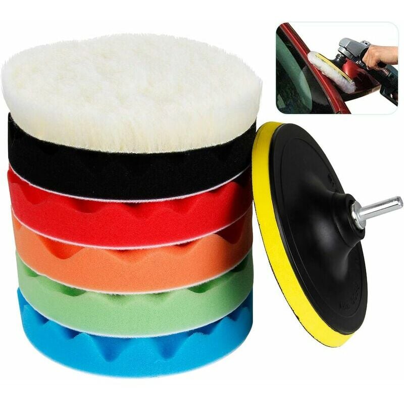 Car Polishing Sponge, Car Polishing Pad Set 6 Inch Sponge and Wool Polishing Pad Drill Polishing Set for Grinding Machine Polishing Machine 7 Pack