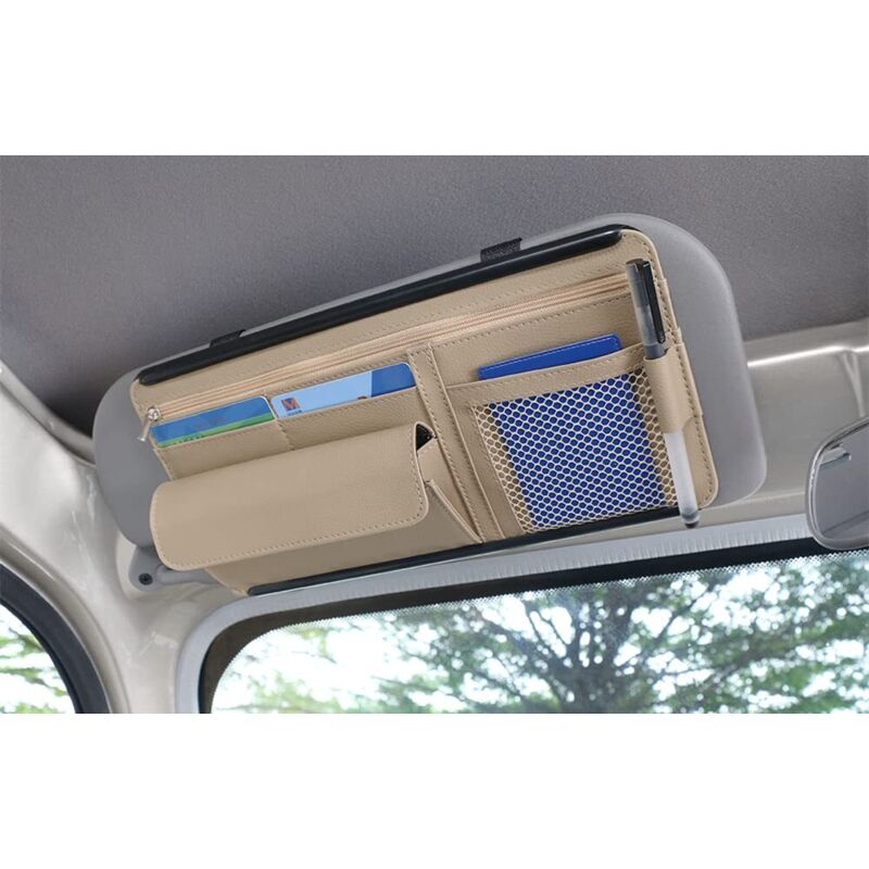 Organisateur de pare-soleil de voiture, pochette de rangement en cuir pour cartes, permis de conduire, stylo, lunettes, documents, compatible avec la