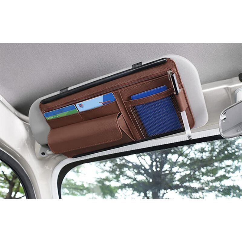 Organisateur de pare-soleil de voiture, pochette de rangement en cuir pour cartes, permis de conduire, stylo, lunettes, documents, compatible avec la