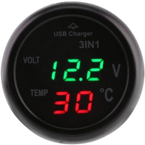 Car thermometer, voltmeter, cigarette lighter with USB charger, 3-inch dual LED display, digital voltmeter, thermometer, cigarette lighter, USB car charger (red green)
